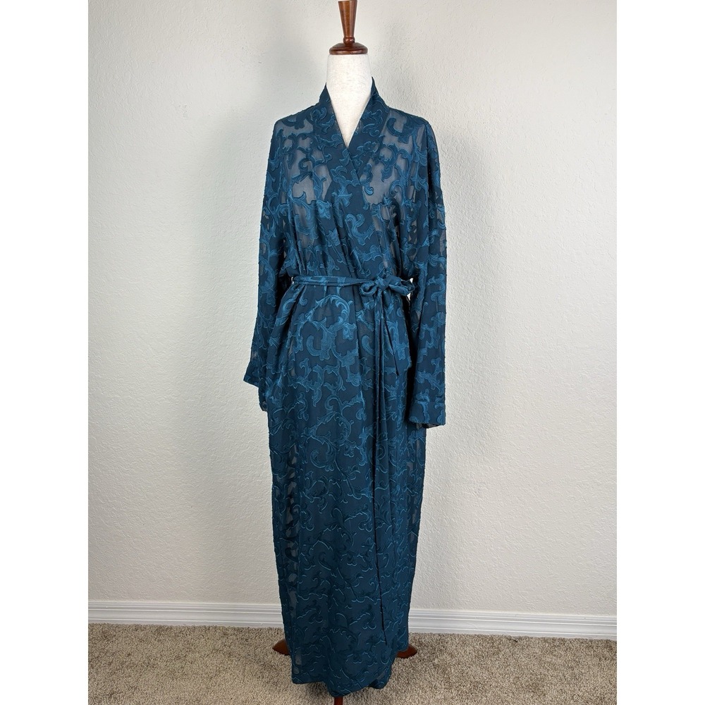 Vtg Victoria Secret Gold Label M Sheer floral silky duster teal robe Long Fairy